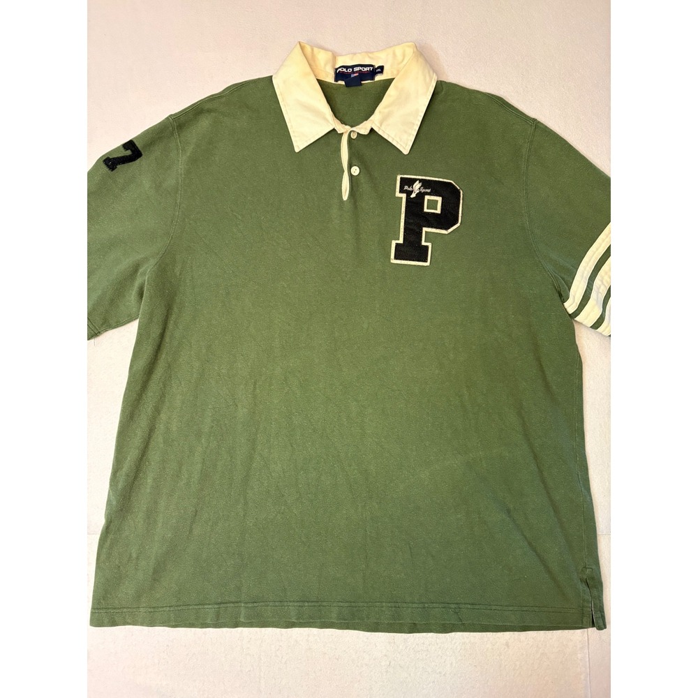 Vintage Polo Sport Ralph Lauren 67 P Wing Varsity Patch Green Rugby Shirt XXL - Picture 2 of 10